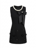 Black Sleeveless Pearl Trim Bow Mini Dress