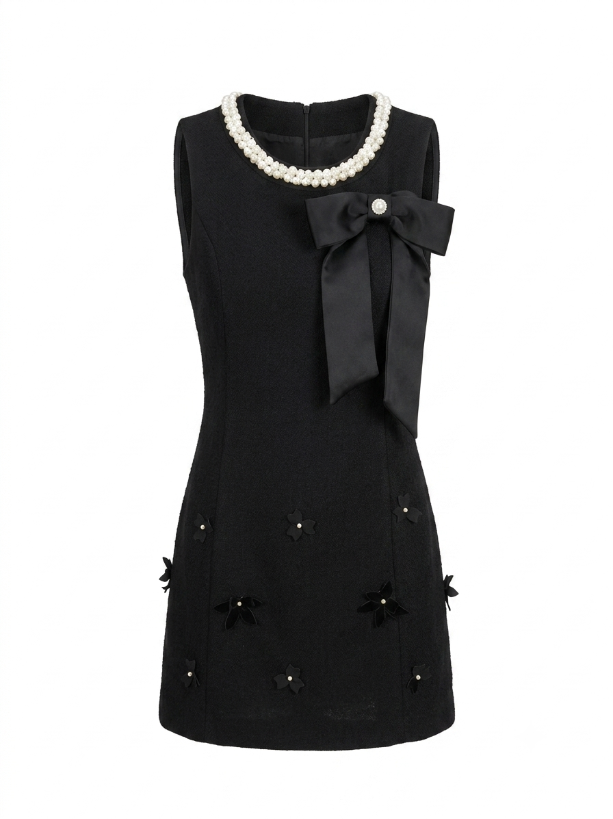 Black Sleeveless Pearl Trim Bow Mini Dress