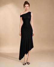 Black Asymmetric One-Shoulder Ruched Maxi Dress