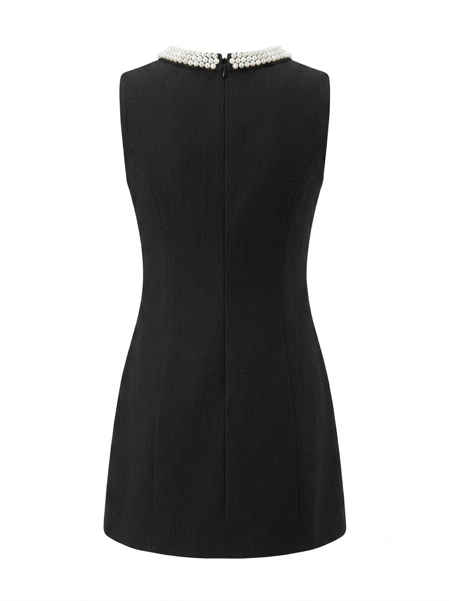 Black Sleeveless Pearl Trim Bow Mini Dress detail image