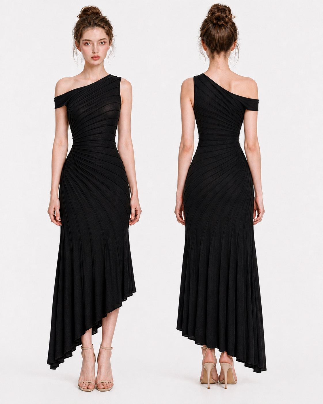 Front and back view of black asymmetric one-shoulder ruched maxi dress